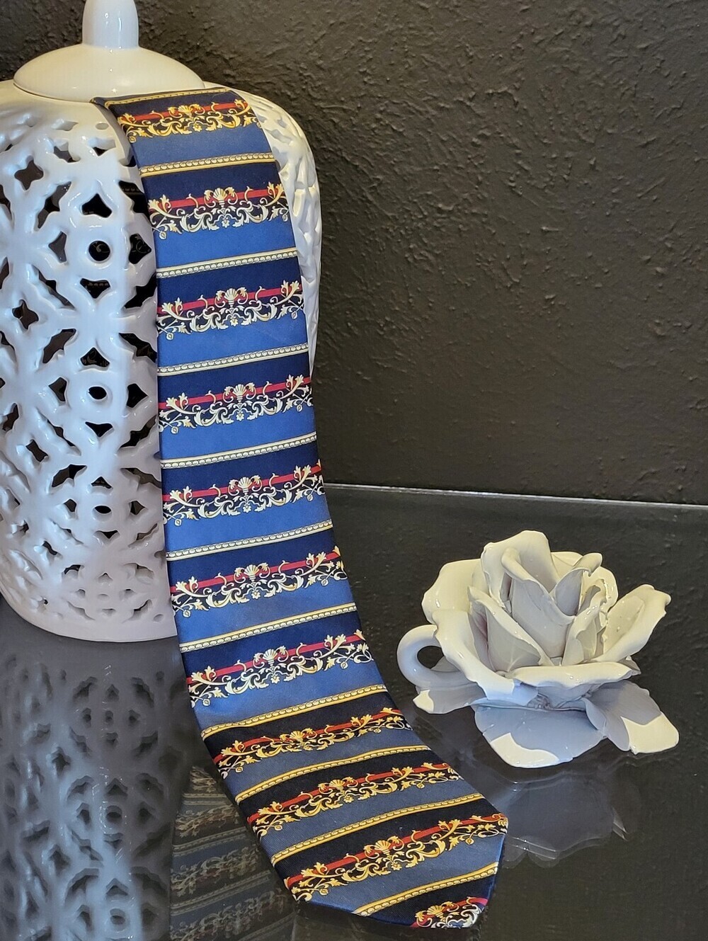 Christian Dior Caravat Vintage 80s Silk Tie Made In Canada Red/Blue/Gold Stripe